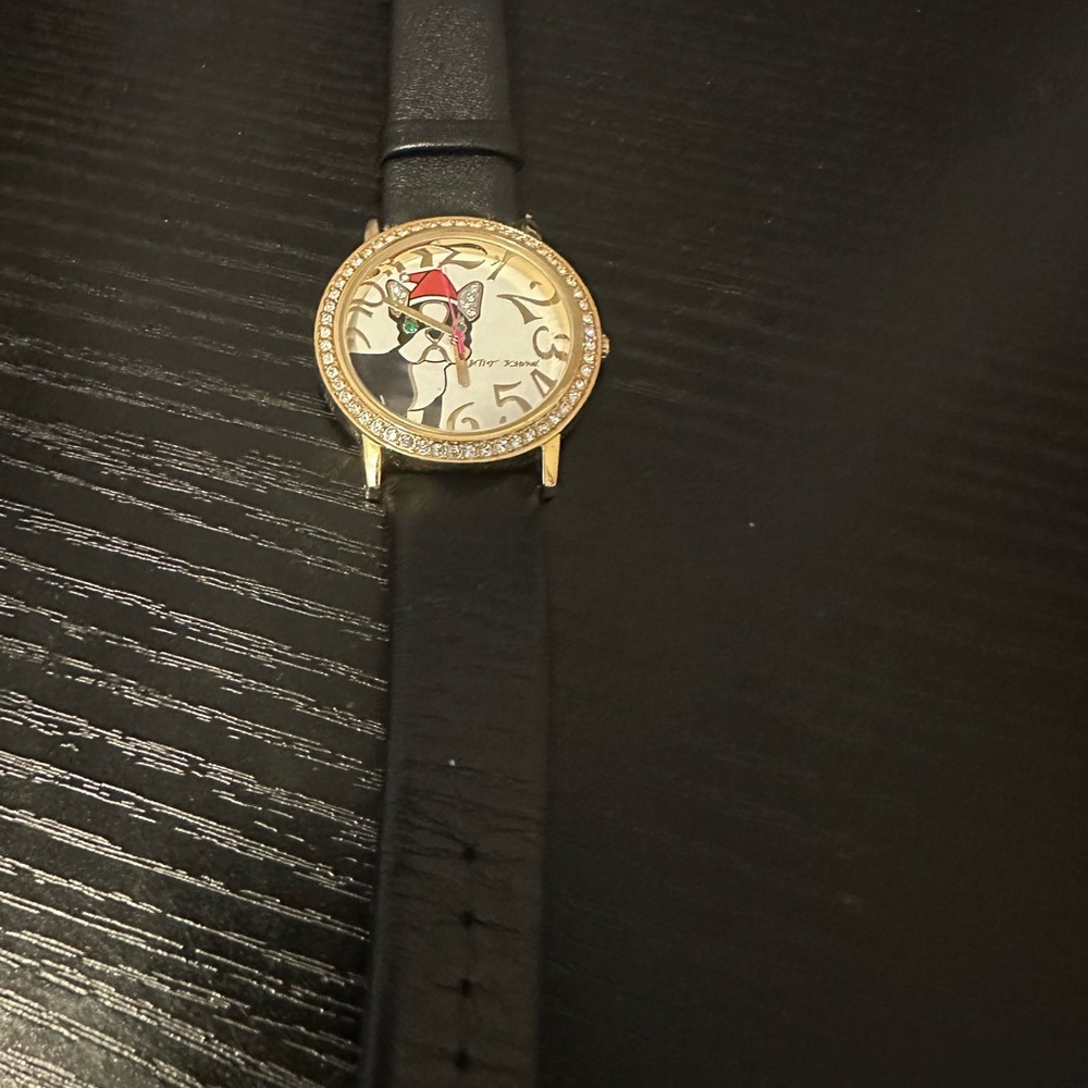 Betsey Johnson Gold Watch with Black Band and Dog Design